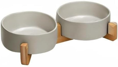SPUNKYJUNKY Ceramic Dog and Cat Bowl with Wood Stand Non-Slip Matte Glaze Weighted Food Water Set for Cats &amp;Small Dogs 13.5OZ