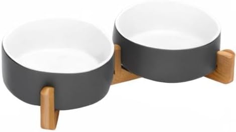 SPUNKYJUNKY Ceramic Dog and Cat Bowl Set with Wooden Stand, Modern Cute Weighted Food Water Set for Small Size Dogs (13.5OZ) &amp; Medium Sized Dogs (28.7OZ) &amp; Cats (1.7 Cups, 2 × White-Grey)