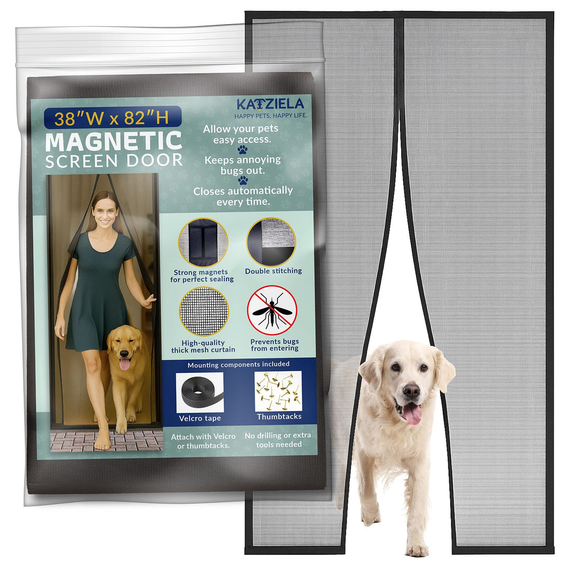 Katziela Magnetic Screen Door 38x83 – Pet &amp; Kid-Friendly Mesh with Extra Bottom Magnets – Heavy-Duty, Hands-Free Closure, Keeps Bugs Out &amp; Lets Fresh Air In