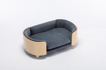 Scandinavian style Elevated Dog Bed Pet Sofa With Solid Wood legs and Bent Wood Back, Velvet Cushion,Mid Size,Dark Grey