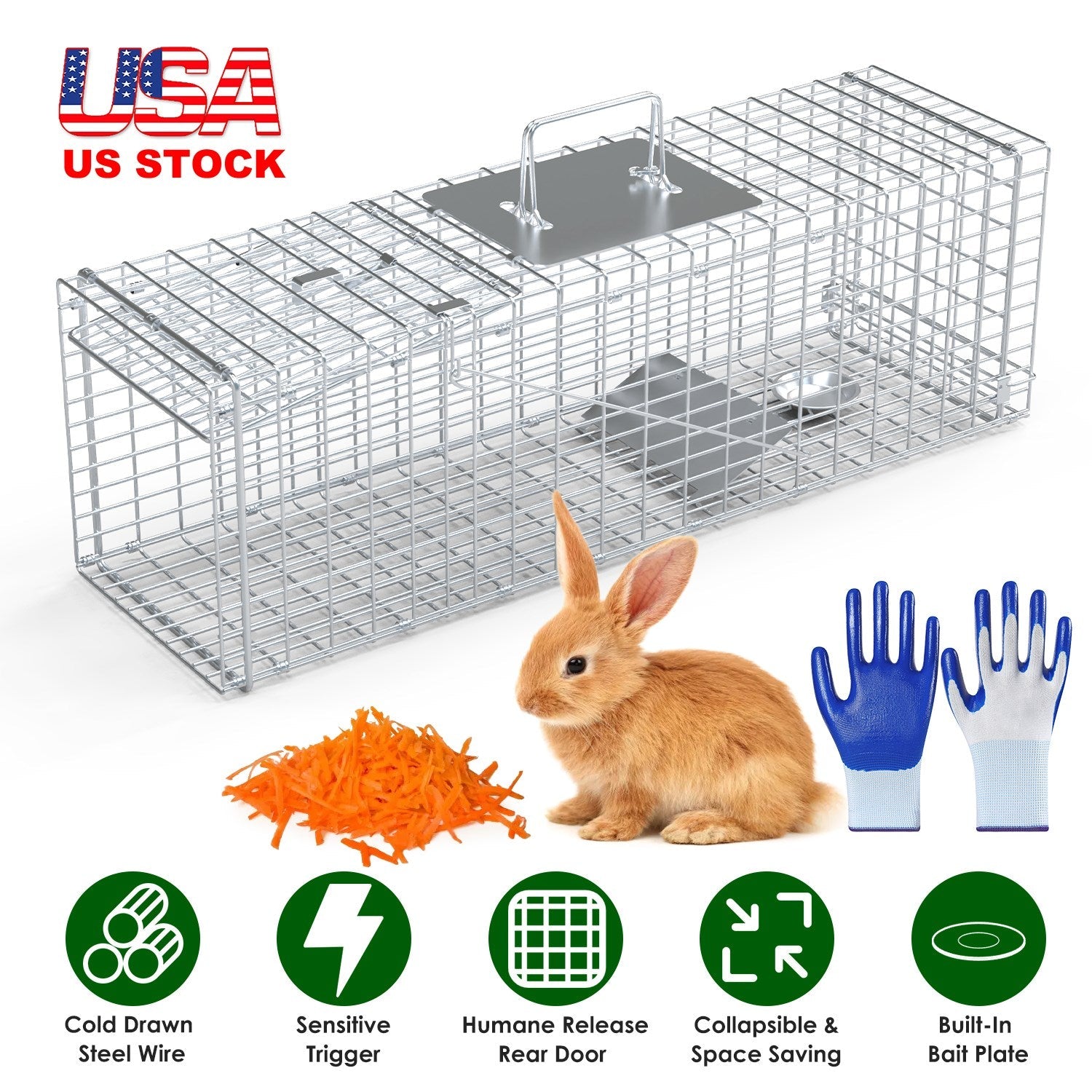 Live Animal Trap Cage 27x7.5x8in Folding Catch and Release Steel Humane Cat Trap for Racoons Stray Cats Rabbits Beavers Hedgehogs Chipmunk Small Anima