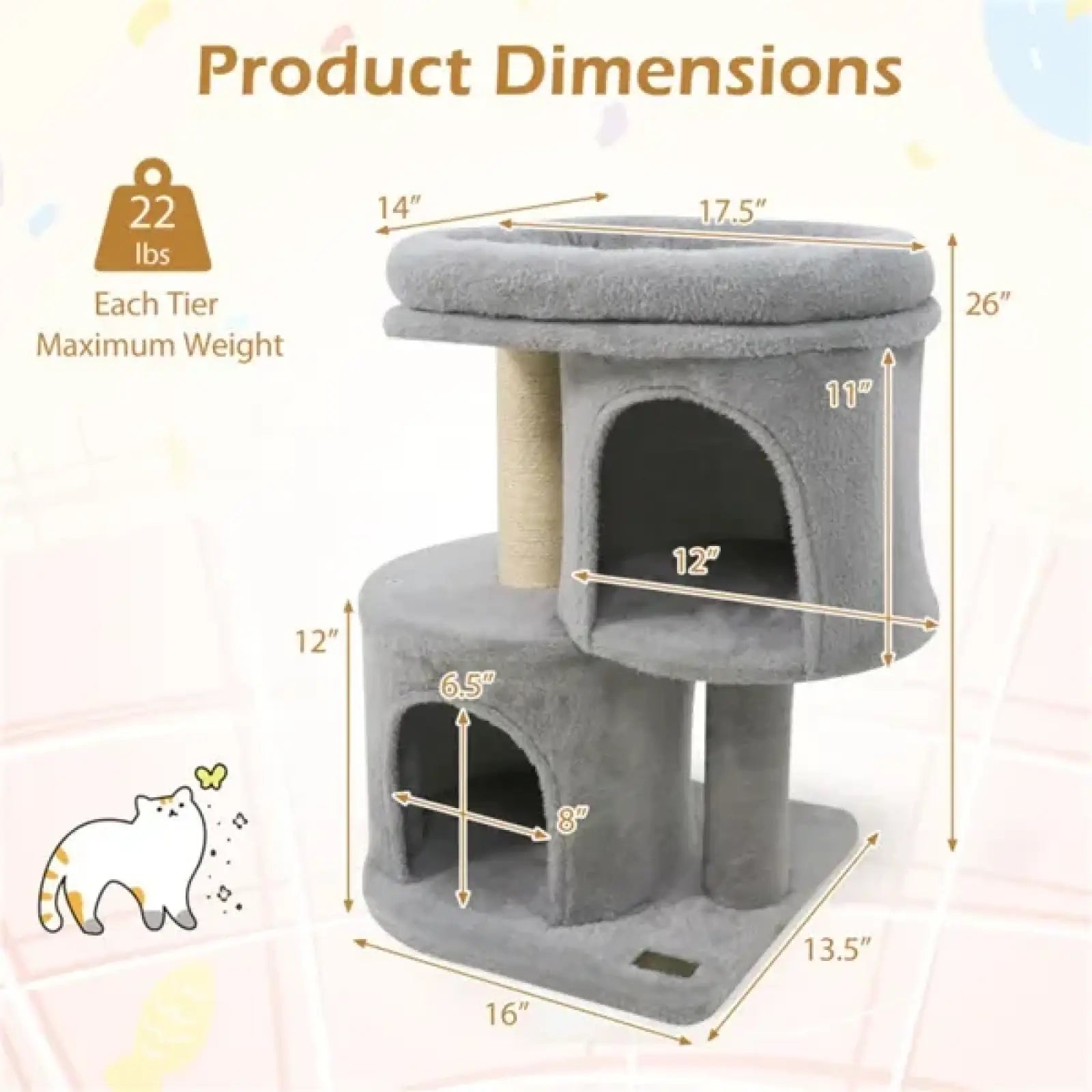 26 Inch Compact Cat Tree with Dual Condos and Sisal Posts