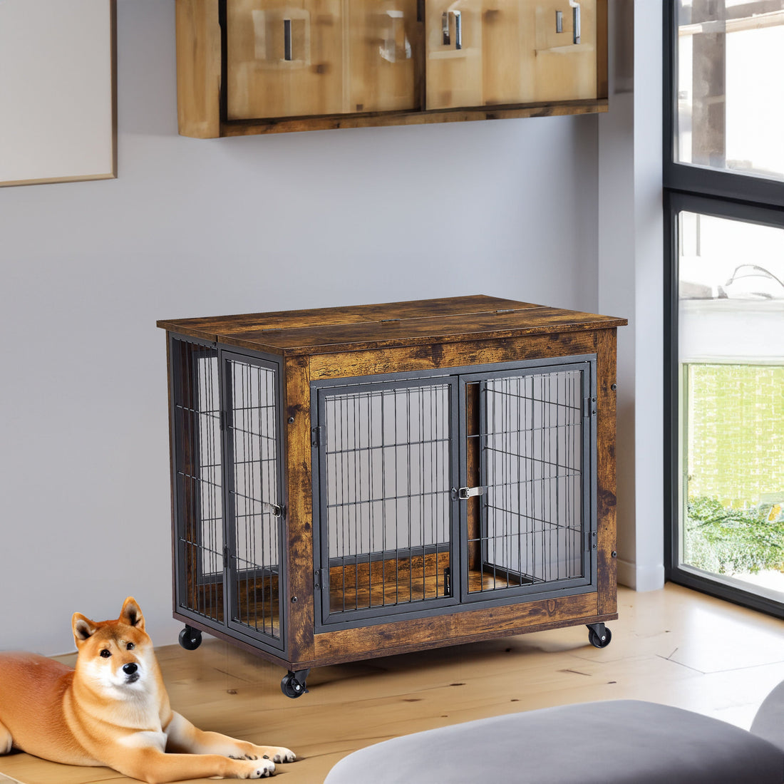 Furniture Style Dog Crate Side Table on Wheels with Double Doors and Lift Top. Rustic Brown, 31.50&