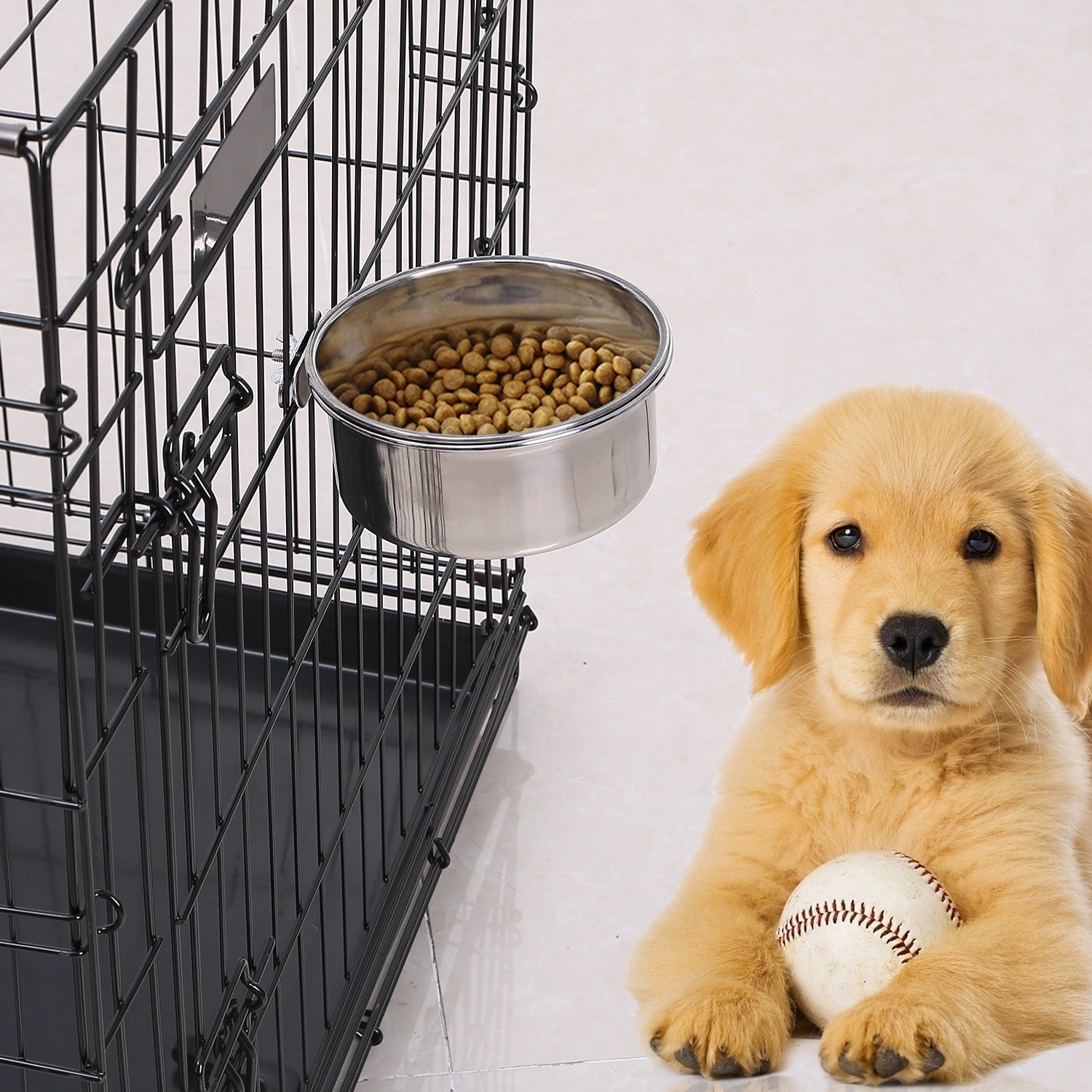 Stainless Steel Dog Bowl, Hanging Pet Food &amp; Water Bowl with Clamp Holder, Detachable Cage Feeding Bowl