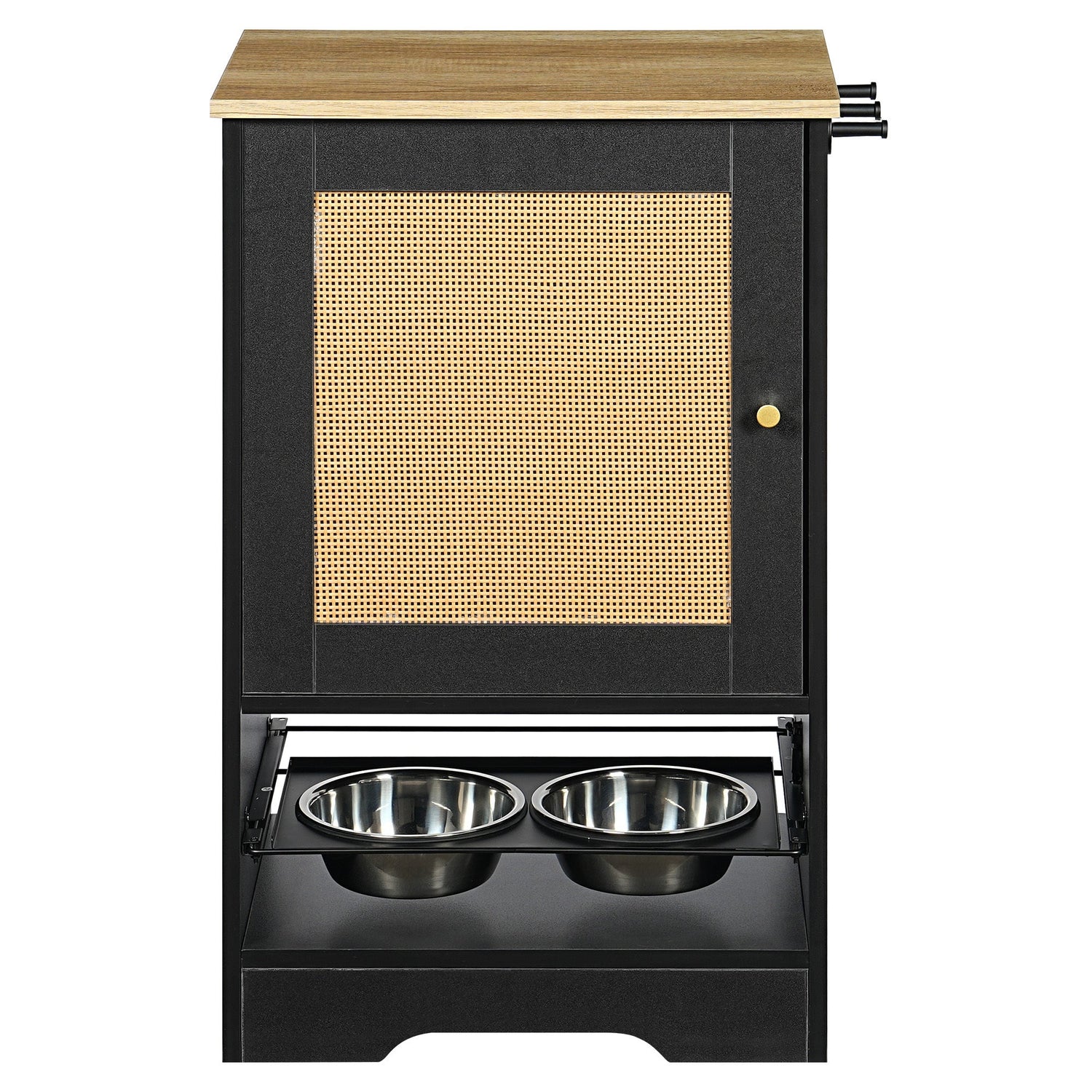 Feeding Station with 1 Storage Cabinets, Pet Feeding Station with 2 Elevated Dog Bowls, Side Hooks, Anti-tip Kit, Hidden Pet Feeder Station for Feeding &amp; Watering, Black