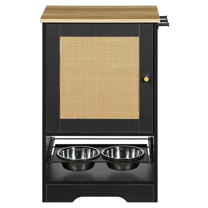 Feeding Station with 1 Storage Cabinets, Pet Feeding Station with 2 Elevated Dog Bowls, Side Hooks, Anti-tip Kit, Hidden Pet Feeder Station for Feeding &amp; Watering, Black