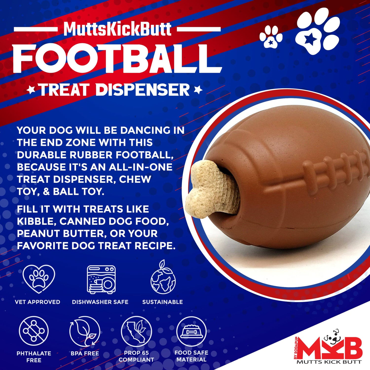 Football Dog Chew Toy &amp; Treat Dispenser - USA Made | SodaPup