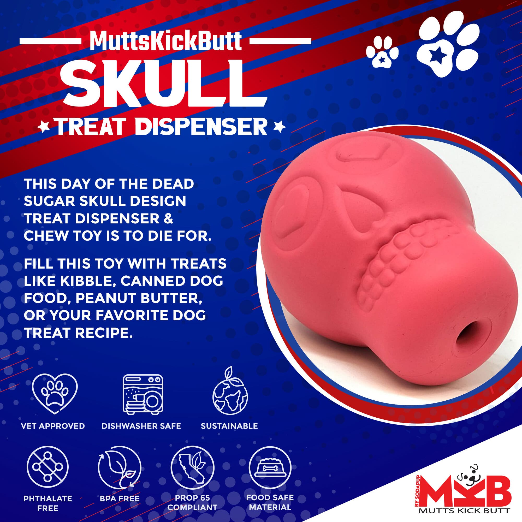 Sugar Skull Dog Chew Toy &amp; Treat Dispenser - USA Made | SodaPup
