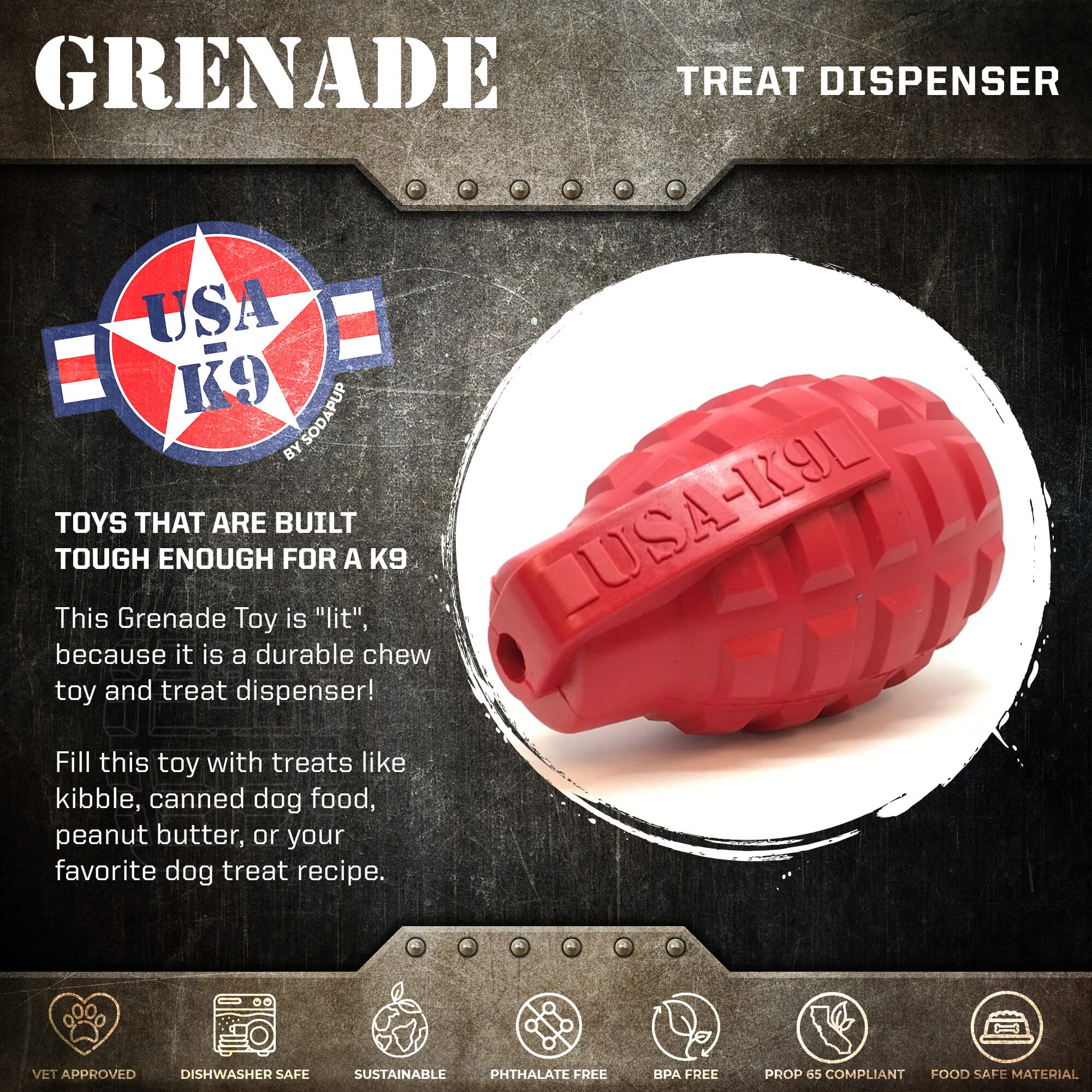 USA-K9 Grenade Rubber Dog Chew Toy | K9 Handler eDispenser Toy | Red &amp; Blue | USA Made