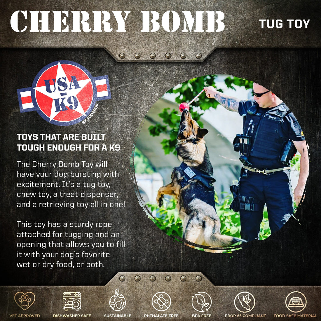 USA-K9 Cherry Bomb Rubber Dog Chew Toy | K9 Handler Reward Toy | USA Made