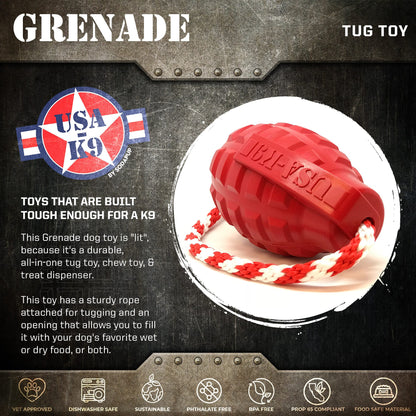 USA-K9 Grenade Shaped Rubber Dog Toy - Chew, Treat Dispenser &amp; Tug Toy | USA - Army Green