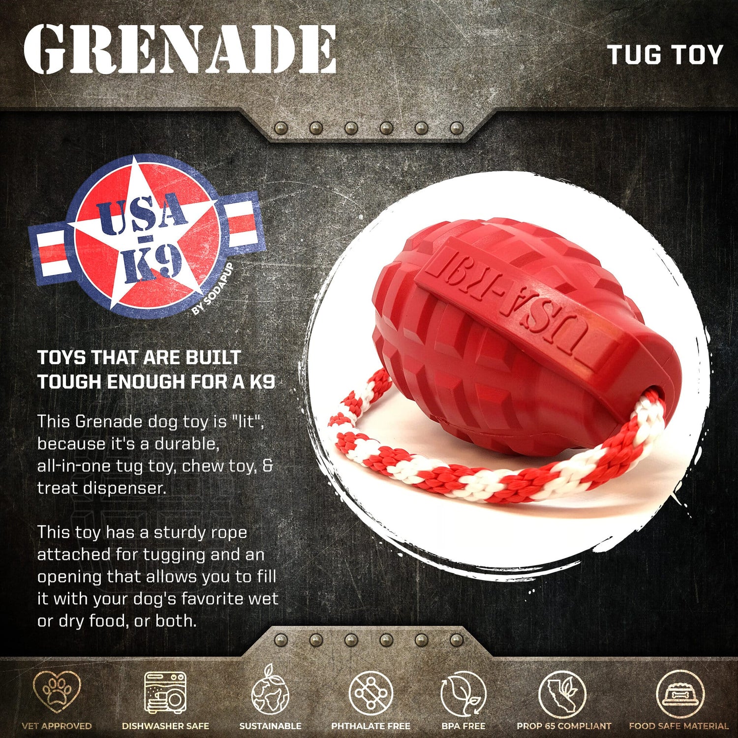 USA-K9 Grenade Shaped Rubber Dog Toy - Chew, Treat Dispenser &amp; Tug Toy | USA