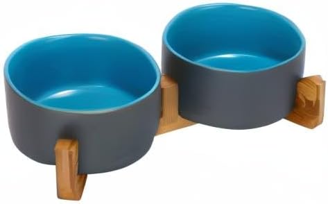 SPUNKYJUNKY Ceramic Dog and Cat Bowl Set with Wooden Stand, Modern Cute Weighted Food Water Set for Small Size Dogs (13.5OZ) &amp; Medium Sized Dogs (28.7OZ) &amp; Cats (3.6 Cups, 2 × Blue-Grey)