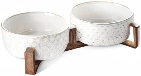 Dog Bowls Ceramic for Small Medium Dogs - 3-Cup Dual Food &amp; Water Bowl Set with Acacia Wood Stand, Non-Slip Anti-Tip Elevated Design