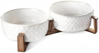 Dog Bowls Ceramic for Small Medium Dogs - 3-Cup Dual Food &amp; Water Bowl Set with Acacia Wood Stand, Non-Slip Anti-Tip Elevated Design