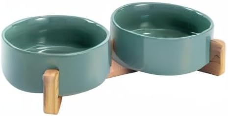 SPUNKYJUNKY Ceramic Dog and Cat Bowl Set with Wooden Stand, Modern Cute Weighted Food Water Set for Small Size Dogs (13.5OZ) &amp; Medium Sized Dogs (28.7OZ) &amp; Cats (1.7 Cups, 2 × Morandi Green)