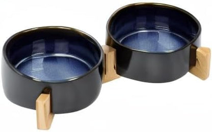 SPUNKYJUNKY Ceramic Dog and Cat Bowl Set with Wooden Stand, Modern Cute Weighted Food Water Set for Small Size Dogs (13.5OZ) &amp; Medium Sized Dogs (28.7OZ) &amp; Cats (1.7 Cups, 2 × Starry Blue)