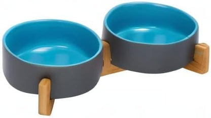 SPUNKYJUNKY Ceramic Dog and Cat Bowl Set with Wooden Stand, Modern Cute Weighted Food Water Set for Small Size Dogs (13.5OZ) &amp; Medium Sized Dogs (28.7OZ) &amp; Cats (1.7 Cups, 2 × Blue-Grey)