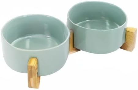 SPUNKYJUNKY Ceramic Dog and Cat Bowl Set with Wooden Stand, Modern Cute Weighted Food Water Set for Small Size Dogs (13.5OZ) &amp; Medium Sized Dogs (28.7OZ) &amp; Cats (3.6 Cups, 2 × Morandi Green)