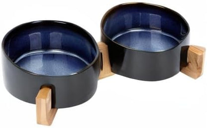 SPUNKYJUNKY Ceramic Dog and Cat Bowl Set with Wooden Stand, Modern Cute Weighted Food Water Set for Small Size Dogs (13.5OZ) &amp; Medium Sized Dogs (28.7OZ) &amp; Cats (3.6 Cups, 2 × Starry Blue)