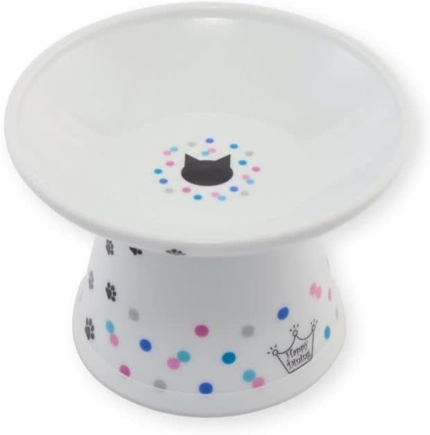 Necoichi Raised Cat Food Bowl – Ceramic Elevated Cat Bowl for Whisker &amp; Neck Fatigue, Dishwasher Microwave Safe – Non-Slip &amp; Anti Vomiting Ergonomic Design (Colorful Dots, Extra Wide)