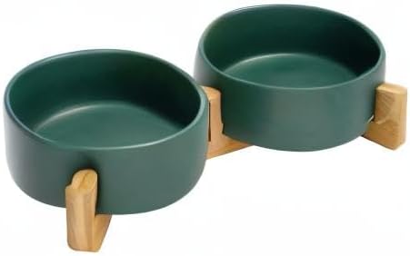 SPUNKYJUNKY Ceramic Dog and Cat Bowl with Wood Stand Non-Slip Matte Glaze Weighted Food Water Set for Cats &amp;Small Dogs 13.5 OZ Green