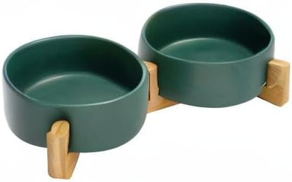 SPUNKYJUNKY Ceramic Dog and Cat Bowl with Wood Stand Non-Slip Matte Glaze Weighted Food Water Set for Cats &amp;Small Dogs 13.5 OZ Green