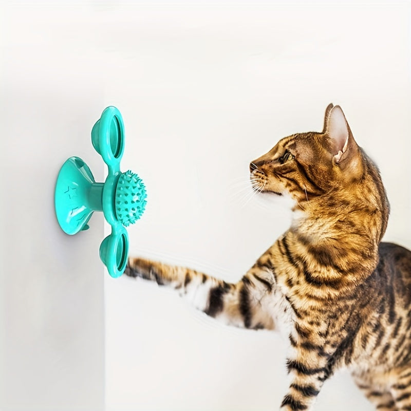 New Windmill Cat Toys Cute Rotating Interactive Cat Toy - Indoor Windmill Cat Toy With Suction Cup Catnip &amp; Jagged Teeth Middle Ball, Smart Kitten Rotating Spinner Exercise Toy, Toothbrush &amp; Massager