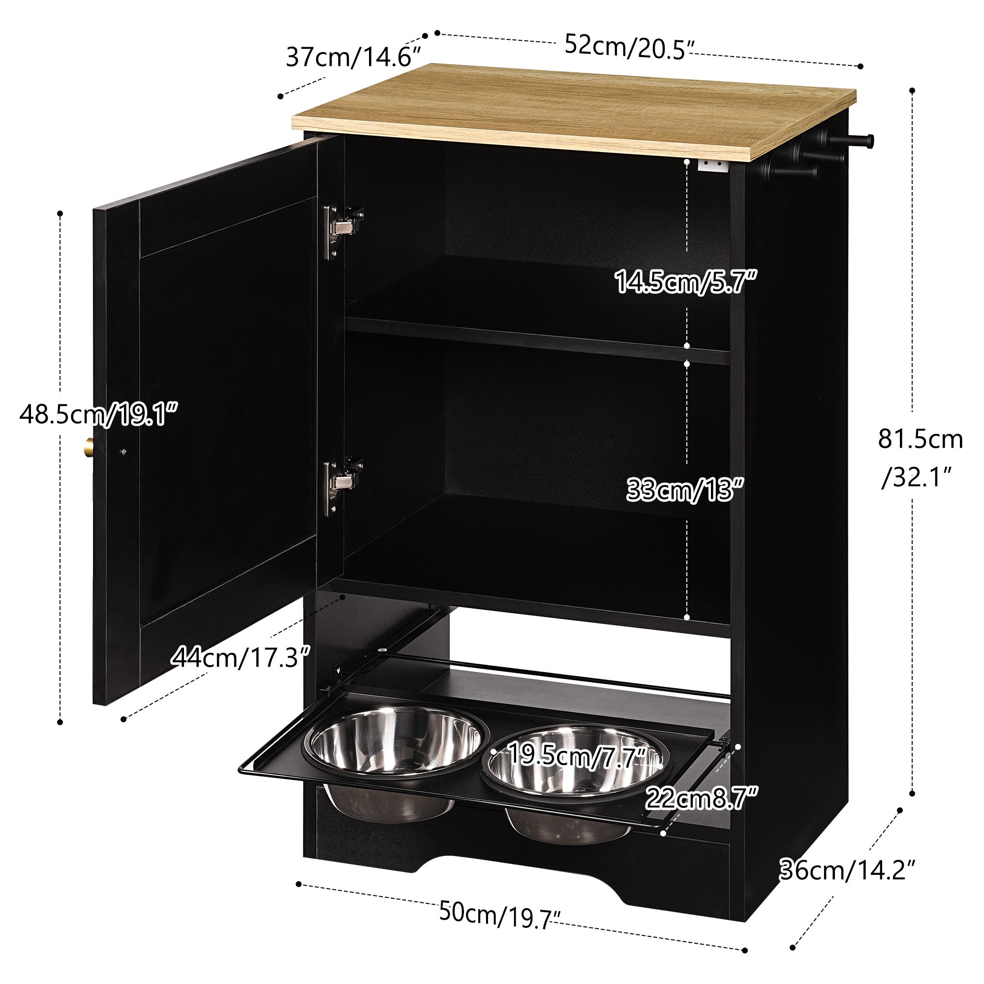 Feeding Station with 1 Storage Cabinets, Pet Feeding Station with 2 Elevated Dog Bowls, Side Hooks, Anti-tip Kit, Hidden Pet Feeder Station for Feeding &amp; Watering, Black