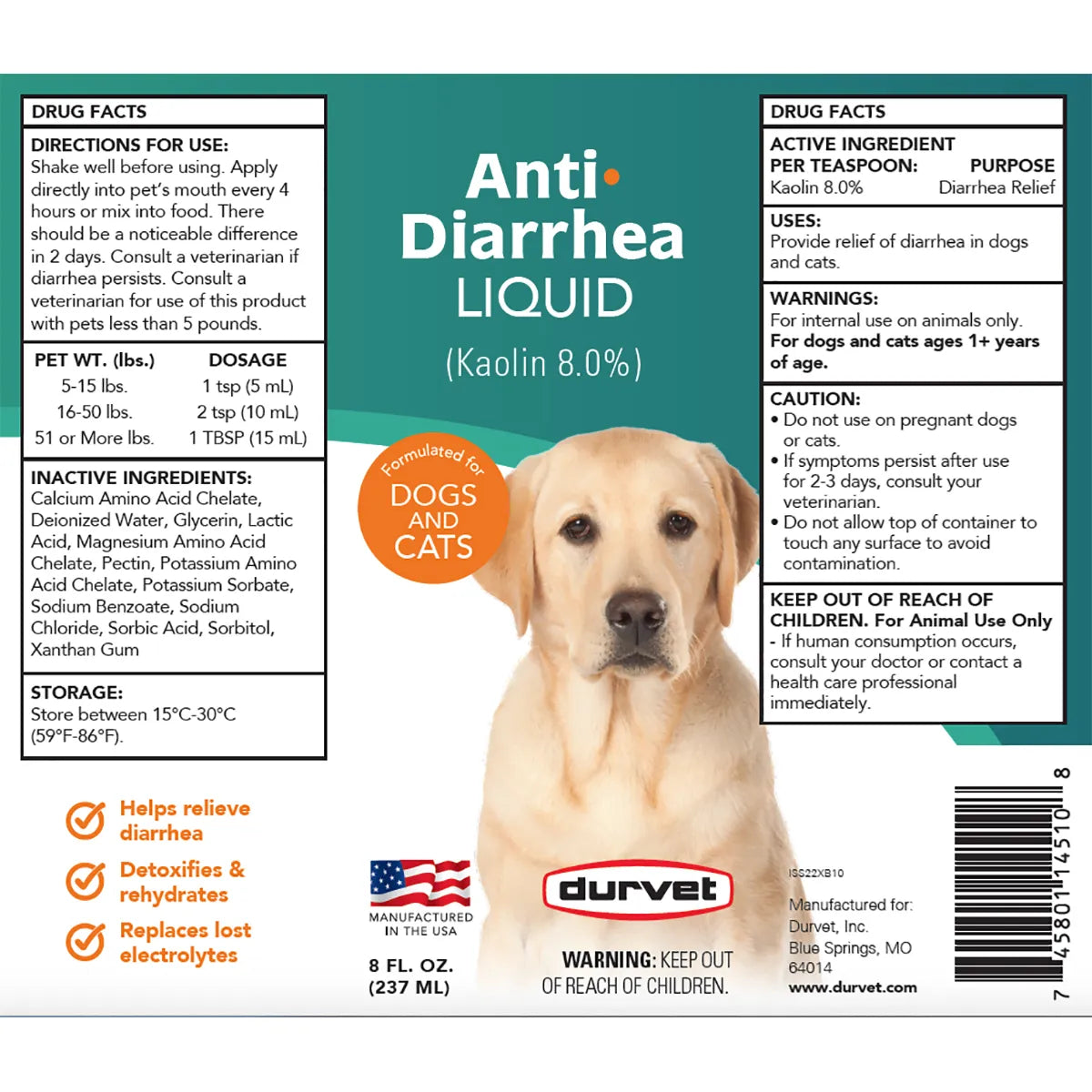 Durvet Kaolin Anti-Diarrhea Liquid 8 oz. Dogs &amp; Cats Electrolyte Support