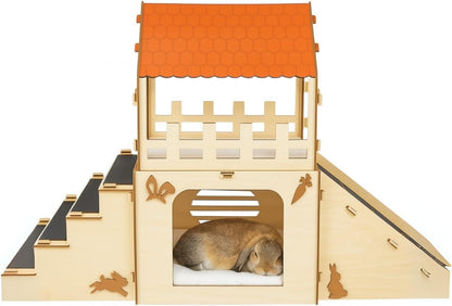Rabbit Hideout House Wooden Bunny Castle for Small Pets Indoor Cage