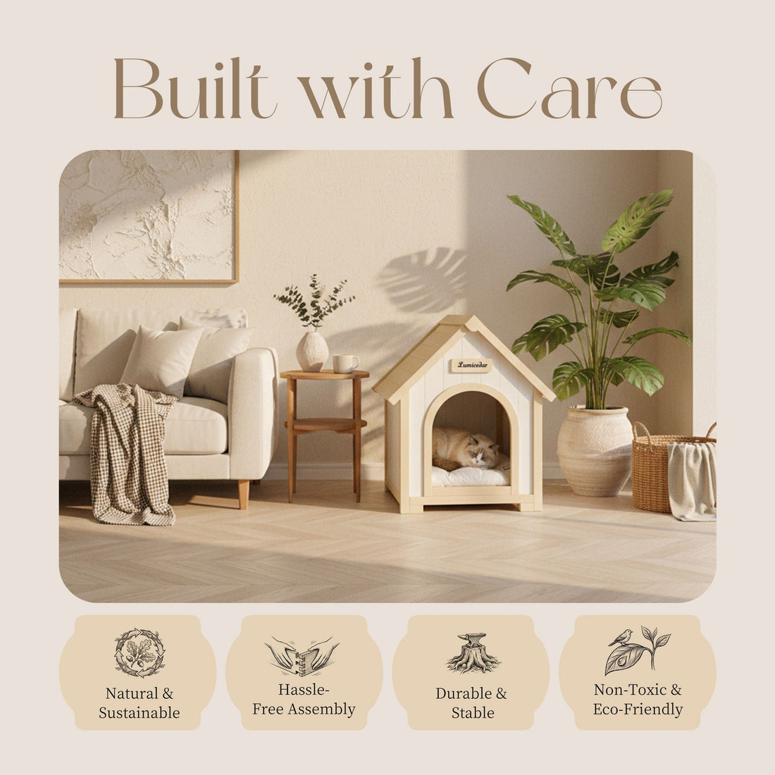 Indoor Dog House With Cushion Pet House For Small Dogs &amp; Cats - Creamy White / Light Yellow