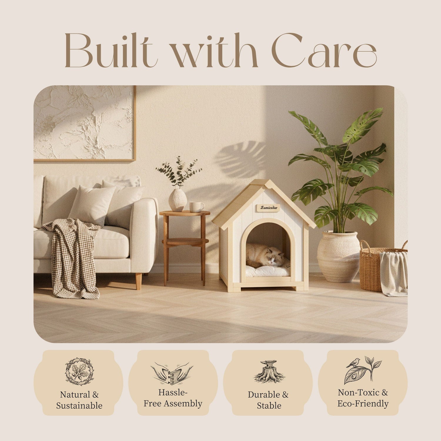 Indoor Dog House With Cushion Pet House For Small Dogs &amp; Cats - Creamy White / Light Yellow