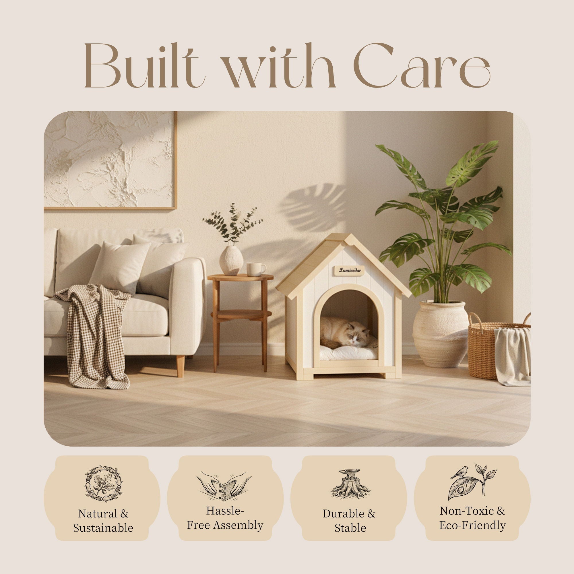 Indoor Dog House With Cushion Pet House For Small Dogs &amp; Cats - Creamy White / Light Yellow