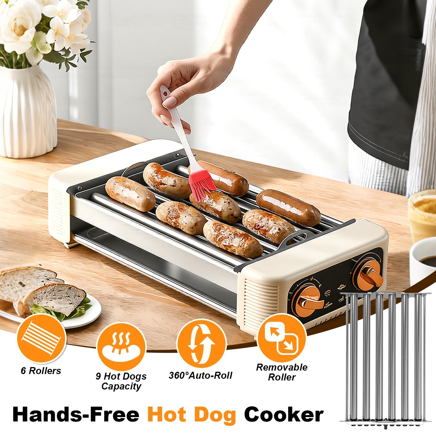 3 In 1 Electric Hot Dog Roller Machine with Grill &amp; Griddle 6-Roller Hot Dog Cooker Smokeless Non-Stick Indoor Outdoor with 3 Temp Levels for BBQ Saus