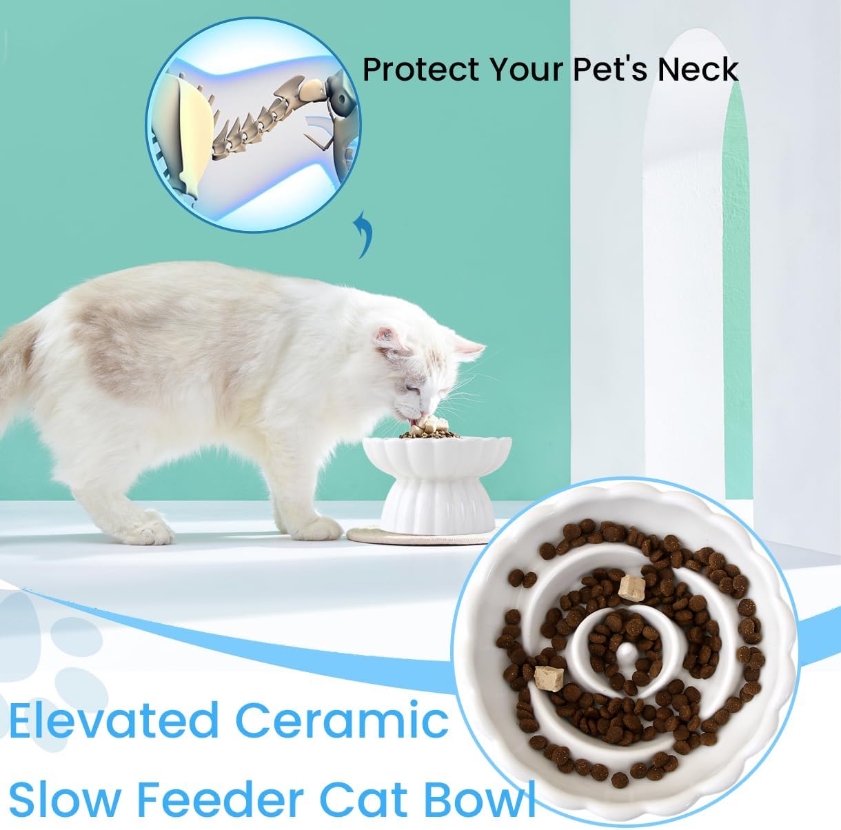 Elevated Ceramic Slow Feed Dish For Cats And Small Dogs, Flower Pool Design Pet Slow Feeder With Higher Edges,Raised Pet Bowl For Dry &amp; Wet Food