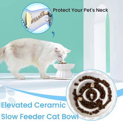 Elevated Ceramic Slow Feed Dish For Cats And Small Dogs, Flower Pool Design Pet Slow Feeder With Higher Edges,Raised Pet Bowl For Dry &amp; Wet Food