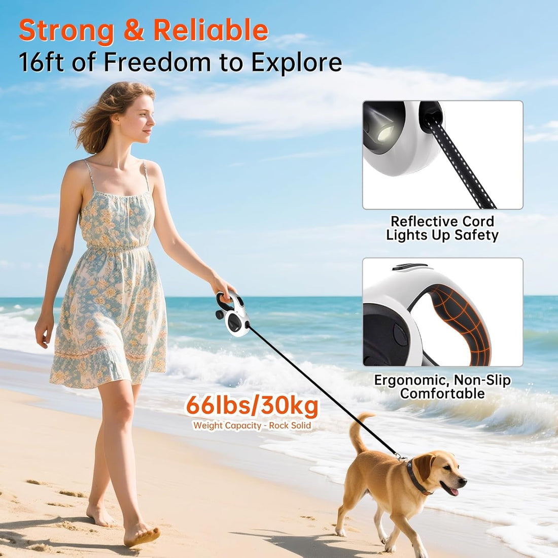Retractable Dog Leash 16FT LED Light Heavy Duty Tangle Free