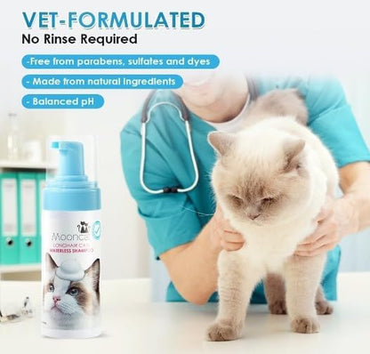 Mooncat Waterless Cat Shampoo for Longhair Cats | Licking Safe No-Rinse Dry Foam Bath for Detangling Matted Fur | Gentle Formula for Kittens &amp; Sensitive Skin, pH Balanced - 5oz