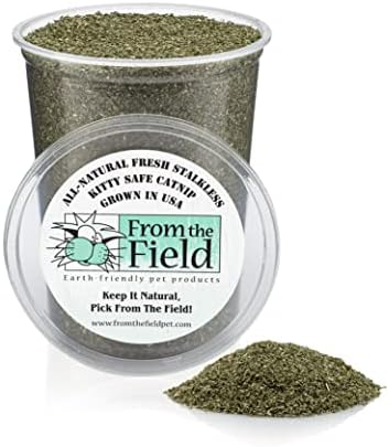 from The Field | Fine Ground Stalkless Catnip | Premium USA-Grown Catnip for Toys &amp; Playtime | Fresh, Potent, Non-Toxic, Eco-Friendly | Safe for Kittens &amp; Cats | Resealable 6 oz Tub