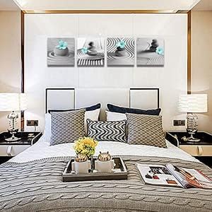 Yxbhhym Gray Wall Art Zen Wall Art Teal Floral Paintings Black and White Decor Zen Stone Sand Pebble Canvas Flower Artwork for Wall Home Decoration Bathroom Wall Decor 12&