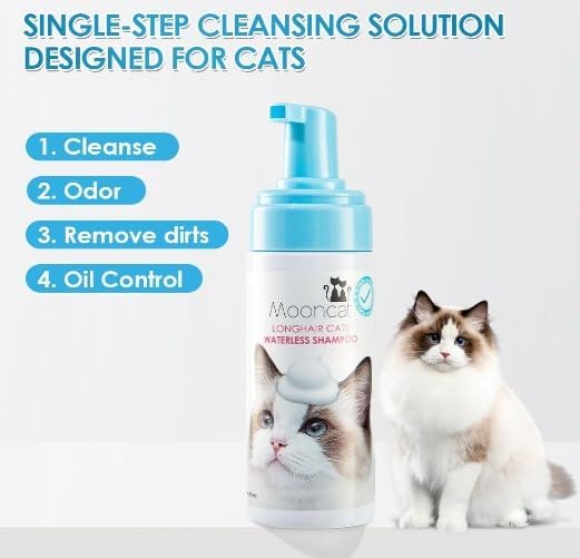 Mooncat Waterless Cat Shampoo for Longhair Cats | Licking Safe No-Rinse Dry Foam Bath for Detangling Matted Fur | Gentle Formula for Kittens &amp; Sensitive Skin, pH Balanced - 5oz