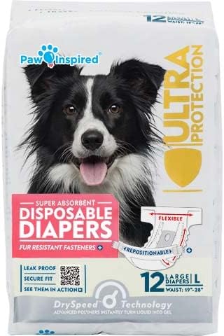 Paw Inspired Disposable Dog Diapers | Female Dog Diapers Ultra Protection | Diapers for Dogs in Heat, Excitable Urination, or Incontinence (12&amp;144 Count) (Large (12 Count))
