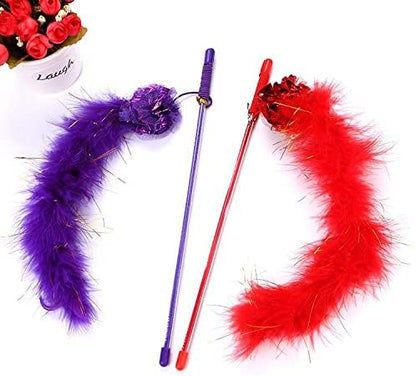 PETCTN Red Cat Teasing Stick Toy - Interactive Stick with Sparkly Feather Boa &amp; Crinkle Ball for Indoor Cat Training &amp; Fun