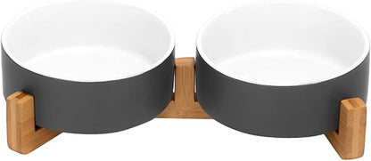 SPUNKYJUNKY Ceramic Dog and Cat Bowl Set with Wooden Stand, Modern Cute Weighted Food Water Set for Small Size Dogs (13.5OZ) &amp; Medium Sized Dogs (28.7OZ) &amp; Cats (1.7 Cups, 2 × White-Grey)