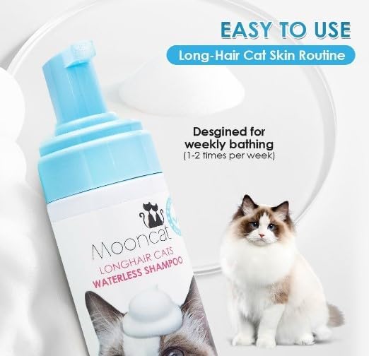 Mooncat Waterless Cat Shampoo for Longhair Cats | Licking Safe No-Rinse Dry Foam Bath for Detangling Matted Fur | Gentle Formula for Kittens &amp; Sensitive Skin, pH Balanced - 5oz