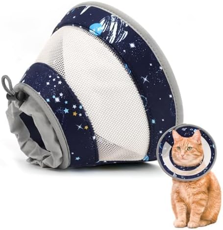 Breathable Air Mesh Cat Cone Collar Soft - Adjustable Recovery Collar to Stop Licking After Surgery, Foldable Lightweight E-Collar for Cats &amp; Kittens (Sky Star, S)