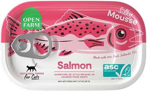 Open Farm, Canned Cat Food Topper, Silky Mousse Made with 95% Responsibly Sourced Icelandic Fish, Grain &amp; Legume Free, Salmon Recipe, 3.17oz Cans (Pack of 17)