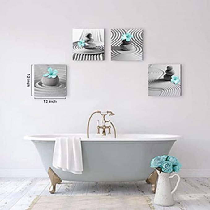 Yxbhhym Gray Wall Art Zen Wall Art Teal Floral Paintings Black and White Decor Zen Stone Sand Pebble Canvas Flower Artwork for Wall Home Decoration Bathroom Wall Decor 12&