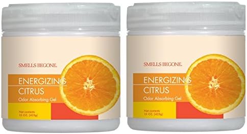 SMELLS BEGONE Air Freshener Odor Absorber Gel - 15 oz, Pack of 2 - Absorbs and Eliminates Odor in Pet Areas, Bathrooms, Cars, &amp; Boats - Made with Essential Oils - Energizing Citrus Scent